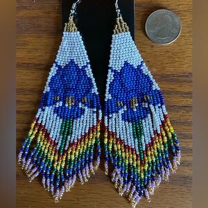 Beaded earrings.  Blue Iris. Quarter to scale